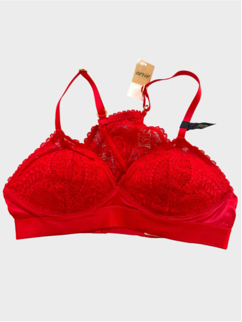 32B Aerie Real Power Wireless Push up Paisley Lace Bra in Holiday Red